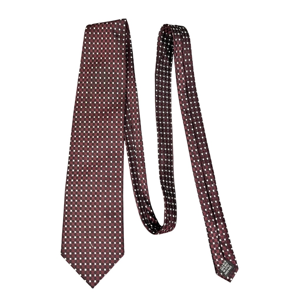 Pronto Uomo Mens Silk Tie Burgundy Red Geometric Polka Dot Hand Made 64.5 Inch